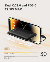 Load image into Gallery viewer, Veger 10,000mAh Powerbank, PD20W, QC3.0, LCD Display, Slimline, Built in USB C / Lightning Cables
