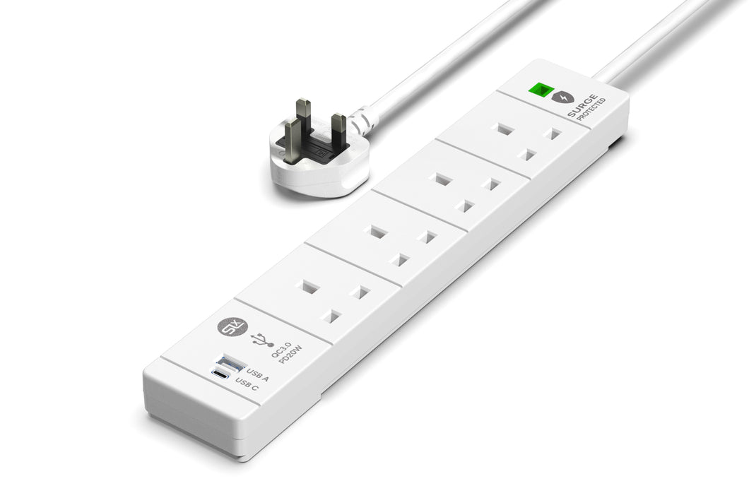 4 Gang Extension Lead 2m -  (USB-A, USB-C PD20W, Surge Protected & Neon)