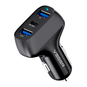 Veger Car Charger PD37W, 3 Outputs, USB-C (PD20W), Dual USB-A (5V3.4A), Fast Charging