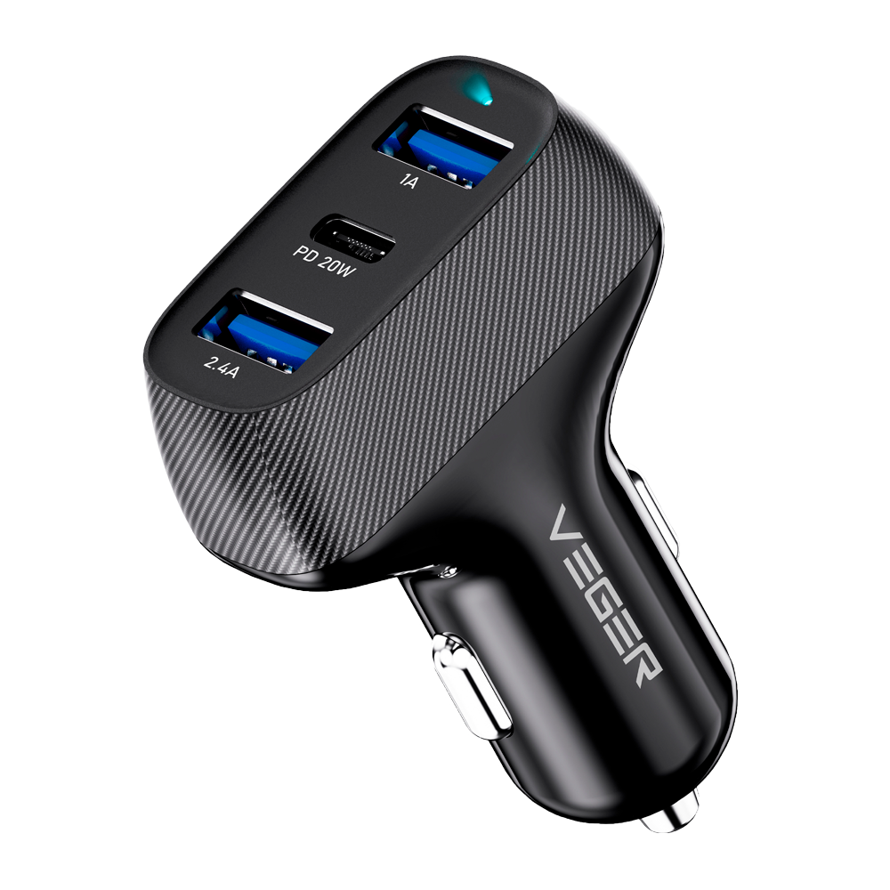Veger Car Charger PD37W, 3 Outputs, USB-C (PD20W), Dual USB-A (5V3.4A), Fast Charging