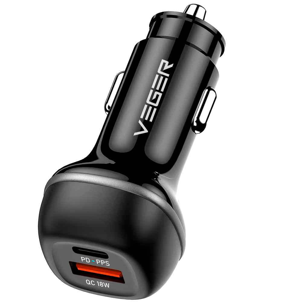 Veger Car Charger 51W, 2 Outputs, USB-C (PD30W), USB-A (QC18W), Fast Charging