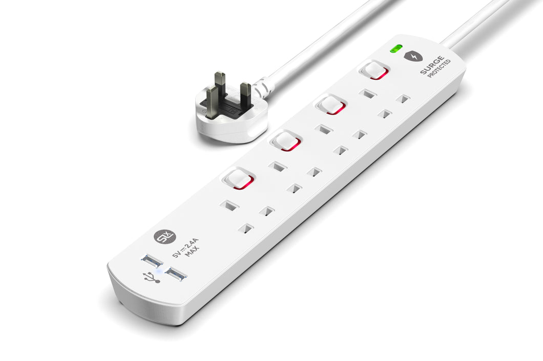 4 Gang Extension Lead 1m -  (USB, Switched, Surge Protected & Neon)