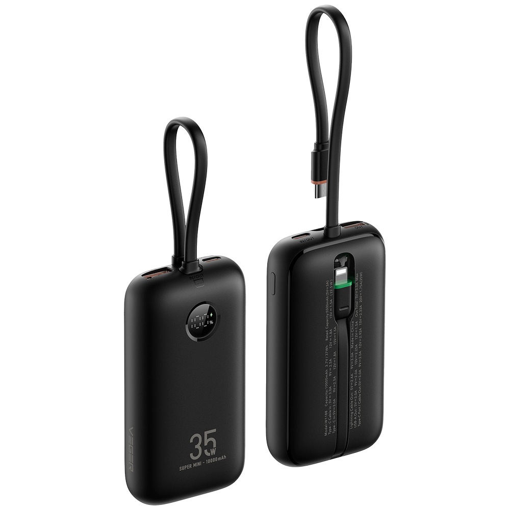 Veger 10,000mAh Powerbank, PD35W, Built In USB-C / Lightning Cables