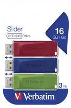 Load image into Gallery viewer, VERBATIM USB DRIVE 2.0 STORE &#39;N&#39; GO SLIDER 3 X 16GB RED, BLUE, GREEN
