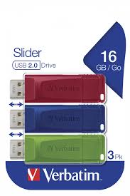 VERBATIM USB DRIVE 2.0 STORE 'N' GO SLIDER 3 X 16GB RED, BLUE, GREEN